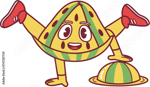 watermelon mascot doing handstand fun playful sty