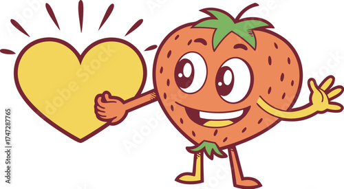 strawberry mascot holding heart love and friendsh