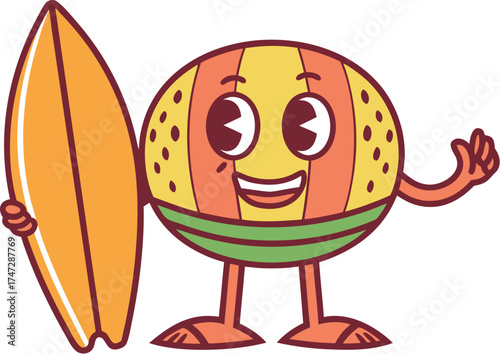 watermelon mascot holding surfboard beach summer