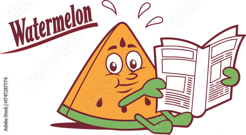 watermelon mascot reading newspaper calm morning
