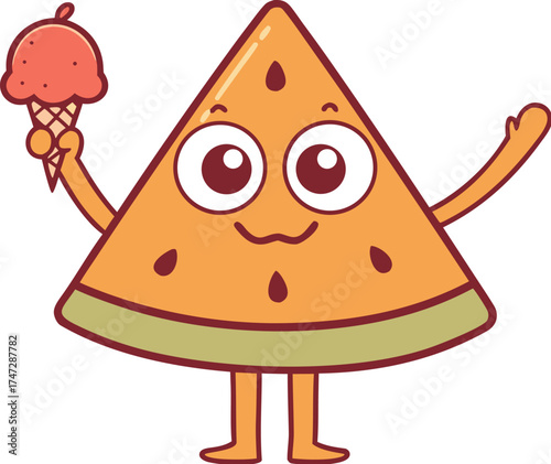 watermelon mascot holding ice cream smiling happy
