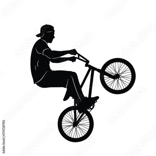 Bmx rider performing a wheelie icon flat design silhouette - Logo vector icon stock illustration - Flat Design Icon