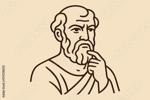 Line art illustration of ancient greek philosopher with beard and toga in thoughtful pose