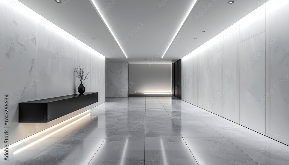 Obraz premium Interior view of a modern, spacious hallway with white walls, subtle marble accents, and linear lighting fixtures that illuminate the reflective flooring and sleek, minimalist design elements.