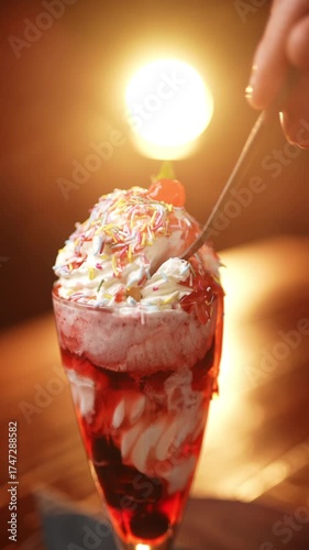 A glass of red ice cream with sprinkles on top. A spoon is being used to scoop the ice cream