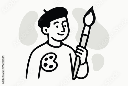Smiling artist wearing beret holding paintbrush with palette on shirt