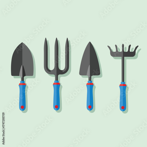 Flat design garden tools set trowel fork rake for planting and digging - Logo vector icon stock illustration - Flat Design Icon