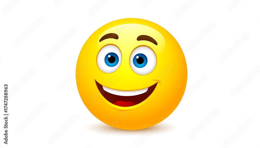 Fototapeta premium A cheerful, round, yellow emoticon with wide, expressive eyes and a joyful smile is displayed against a plain white background.