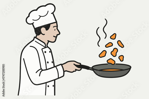 Chef in uniform cooking food in a pan with steam rising from the ingredients