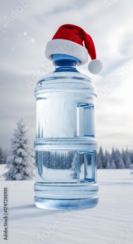 Pure water bottle with Santa hat in frosty Christmas landscape