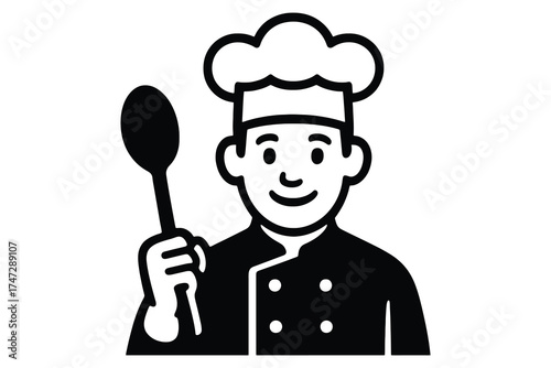 Friendly cartoon chef wearing a tall white hat and uniform holding a large spoon