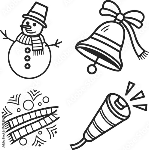 Hand drawn christmas icons set snowman bell presents carrot festive seasonal elements isolated on transparent background