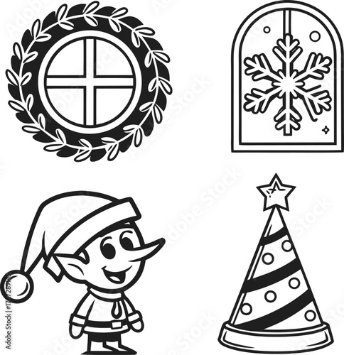 Festive holiday icons set featuring snowman christmas tree and ornaments for seasonal design isolated on transparent background