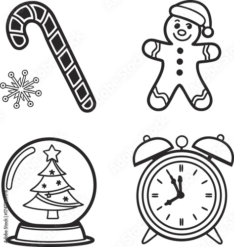 Christmas icons candy cane gingerbread snow globe alarm clock festive holiday graphics isolated on transparent background