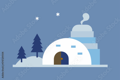 A snow-covered Greek Orthodox church with a blue dome and bell tower stands against the Santorini island landscape during a winter Christmas holiday in Oia
