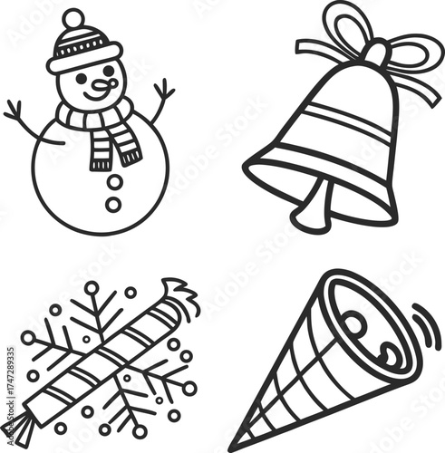 Christmas holiday icons snowman bell snowflake jingle bell festive symbols isolated on transparent background