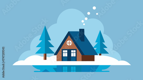A cozy winter landscape features a cartoon vector illustration of a blue house in the snow under a starry night sky with holiday decorations and snowflakes for a New Year celebration card scene