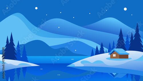 Snowy winter mountain landscape with an isolated house, icy nature scene under a bright sky, perfect for travel design