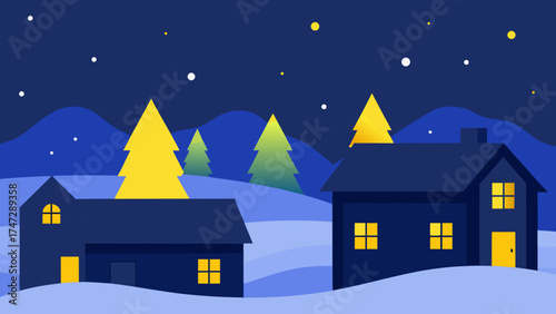 A cozy cartoon winter night landscape illustration of a village scene with houses under a starry sky and moon
