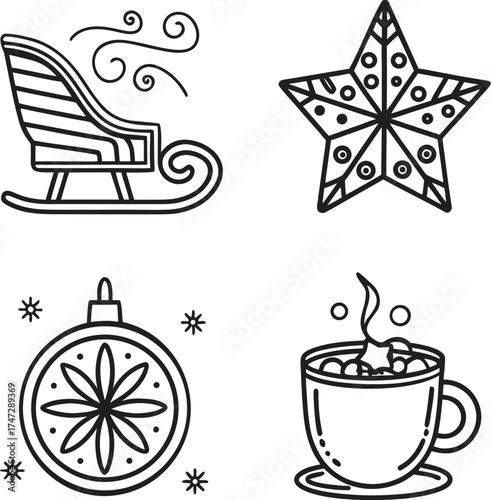 Set of four outline icons for winter holidays and cozy times isolated on transparent background