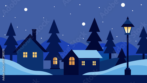 Vector cartoon Christmas night landscape with snowy village houses, decorated trees, and a starry winter sky scene