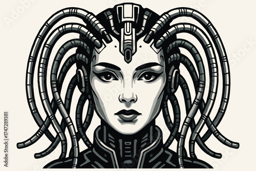 Striking futuristic cyberpunk woman portrait with intricate mechanical hair and intense gaze