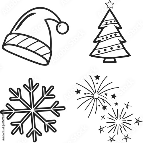 Whimsical christmas icons set festive santa hat snow tree snowflake and falling snow isolated on transparent background