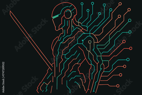 Futuristic humanoid figure formed by digital circuit board lines and glowing neon lights