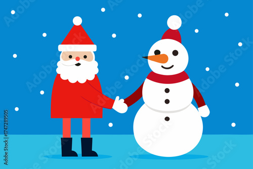 Cute vector snowman and girl with hat and scarf celebrating Christmas in a snowy winter scene