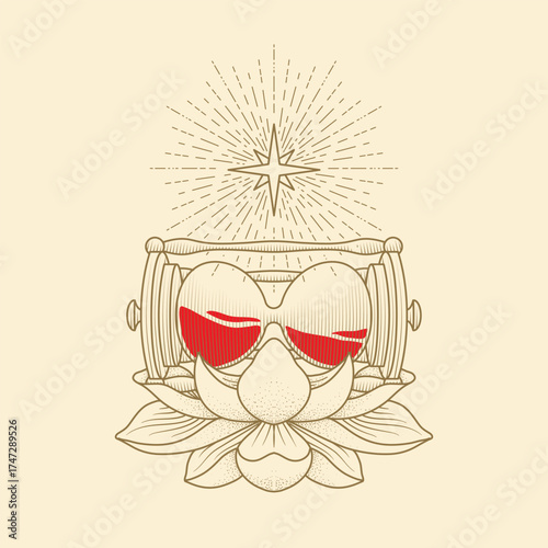 Esoteric hourglass with lotus flower, celestial patterns, and sacred geometry details