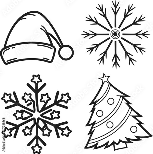 Christmas icons collection santa hat snowflake and pine tree outline art isolated on transparent background