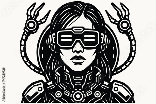Futuristic woman with robotic arms and cyberpunk goggles in a sci fi illustration