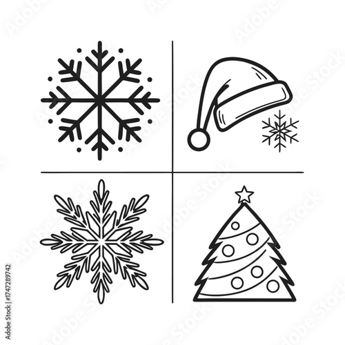 Christmas icons set festive snowflakes santa hat and tree line art decorations isolated on transparent background