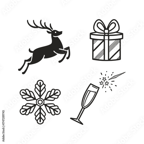 Christmas icons set festive reindeer gift snowflake champagne bottle icons isolated on transparent background