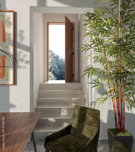 Large luxury modern bright interiors Living room mockup illustration 3D rendering image