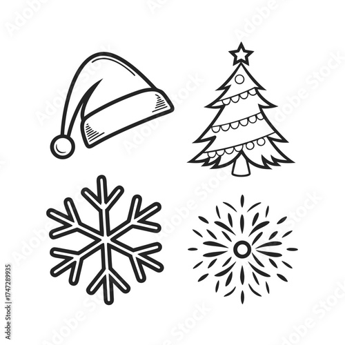 Festive christmas elements line art collection including santa hat snowflake and tree isolated on transparent background