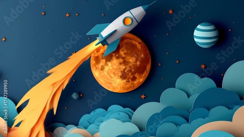 Cartoon rocket ship takes off toward full moon in vibrant space scene