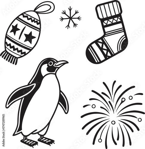 Festive christmas penguin and fireworks montage for holiday celebration graphics isolated on transparent background