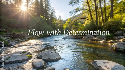 Sunlit stream flowing over smooth stones in a peaceful landscape