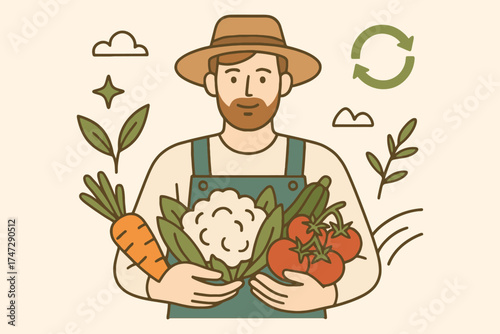 Farmer holding fresh organic vegetables in a rustic hand drawn illustration style