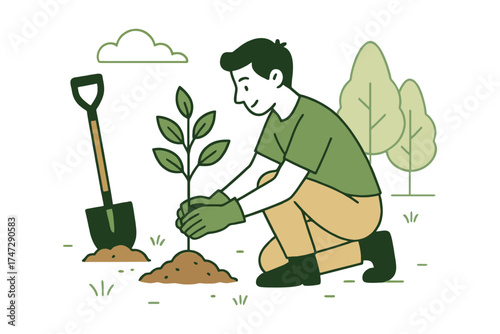 Young man planting a small tree in the ground with a shovel nearby and green trees in the background