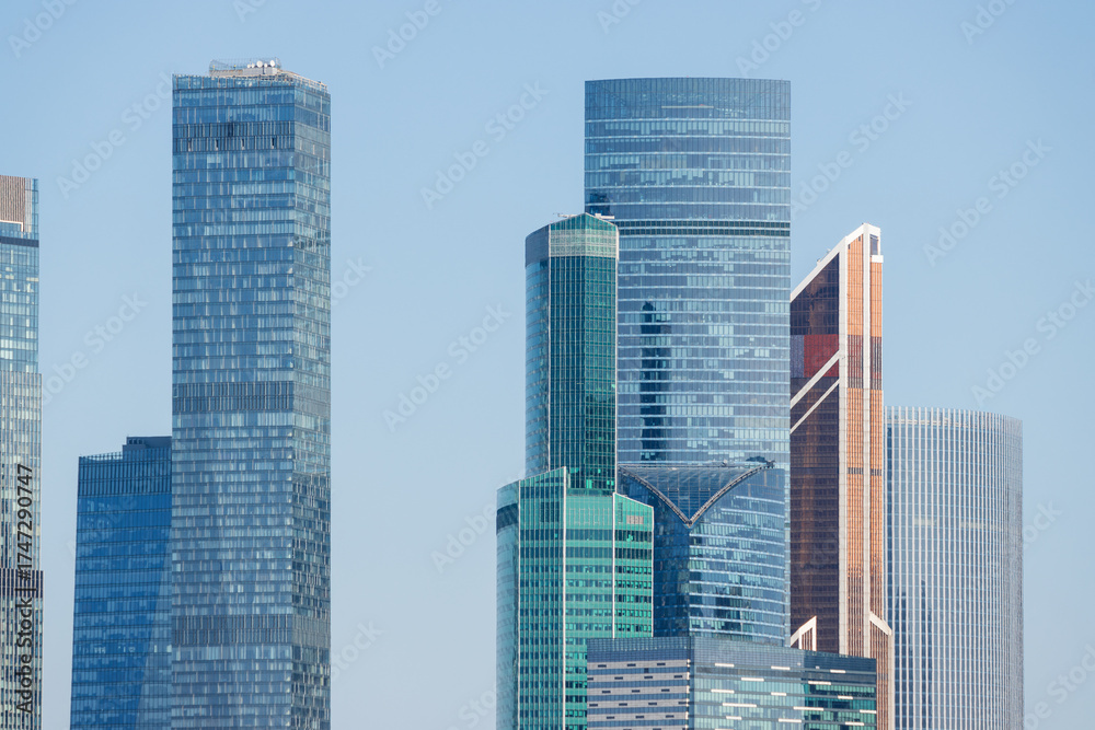 Fototapeta premium Modern skyscrapers against the sky. View of residential and office high-rise buildings. Close-up. Moscow international business center. Moscow city, Russia.
