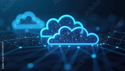 Digital cloud computing concept presents glowing, abstract, cloud-shaped icons, emitting a cool blue light, integrated within a connected network of points, creating a futuristic and technological...