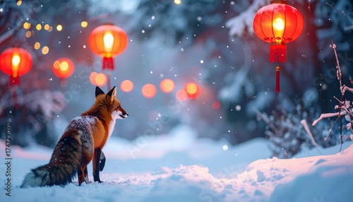 A vibrant fox, adorned in winter's embrace, gazes towards illuminated paper lanterns during a snowfall, amidst blurred golden lights in a tranquil, snowy woodland setting, a serene, picturesque scene.