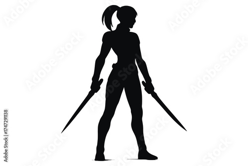 Silhouette of a strong female warrior with swords standing ready for battle