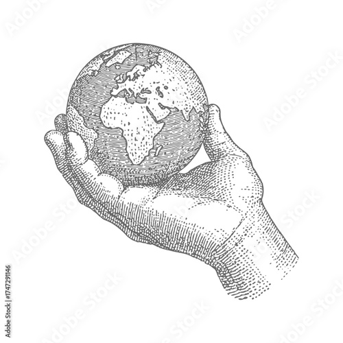 Hand holding the world illustration featuring Africa and Europe. Vintage woodcut engraving linocut vector illustration.