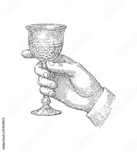 Hand holding a vintage liqour glass. Vintage woodcut engraving linocut vector illustration.