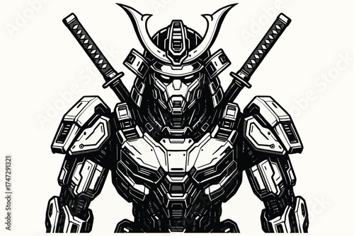 Intricate sketch of a futuristic samurai warrior with swords and armor