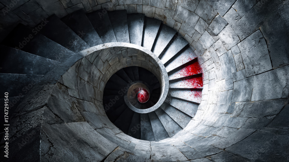 Naklejka premium Dark spiral stone staircase with dramatic lighting and red accent detail