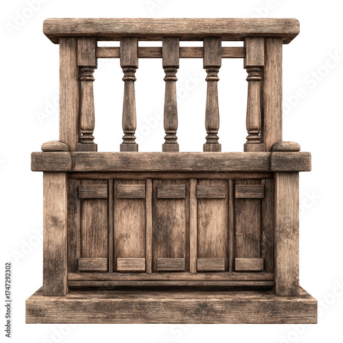 A rustic wooden balcony with intricate balusters and a paneled base isolated on a black background, isolated on transparent background, perfect cutout, PNG